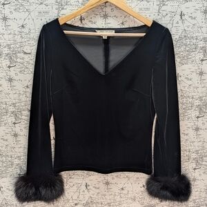 VTG Chetta B Black Velvet V-Neck Top with Genuine Fox Fur Cuffs Size Medium